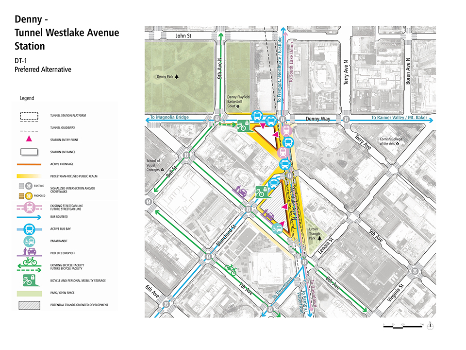 A map describes how pedestrians, bus riders, streetcar riders, bicyclists, and drivers could access the Denny ‐ Tunnel Westlake Avenue Station.